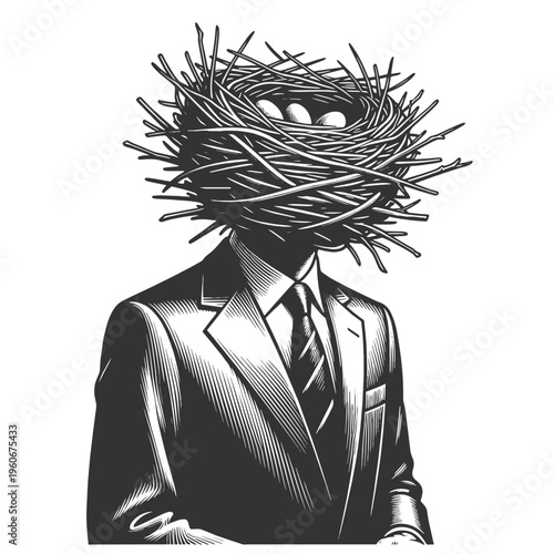 suited man with a bird nest covering his eyes, blindness, confusion, instinct, and hidden perception sketch engraving generative ai vector illustration. Scratch board imitation. Black and white image.