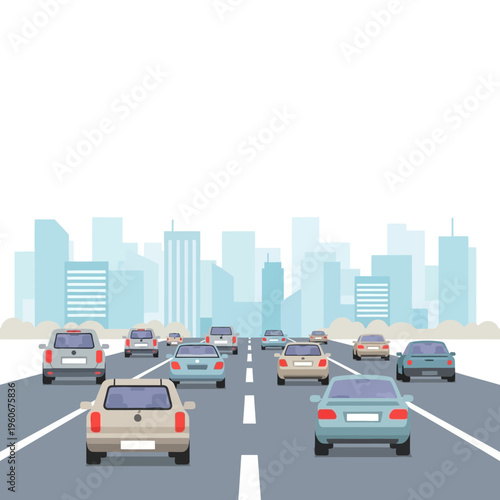 Cityscape traffic jam on highway with cars and skyscrapers background