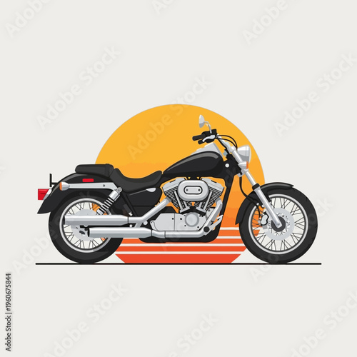 Classic black cruiser motorcycle parked against a vibrant sunset, vector illustration