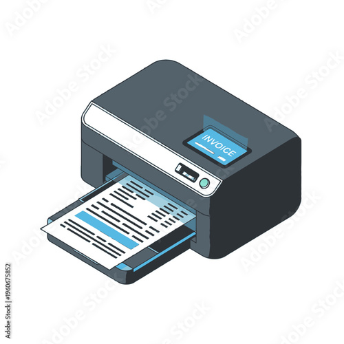 Isometric view of a modern office printer processing an invoice document.