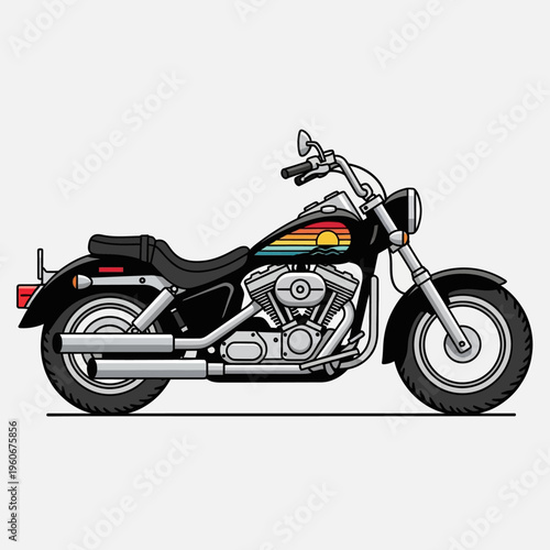 Classic Black Motorcycle with Sunset Graphic on Fuel Tank, Side View