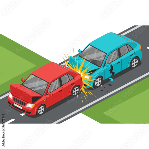 Car crash on road: red car hits blue car, causing damage and accident