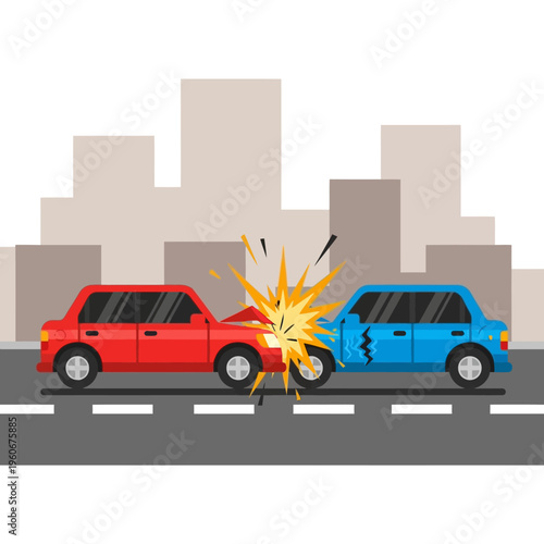 Car Crash: Red and Blue Cars Collide in City Street Accident