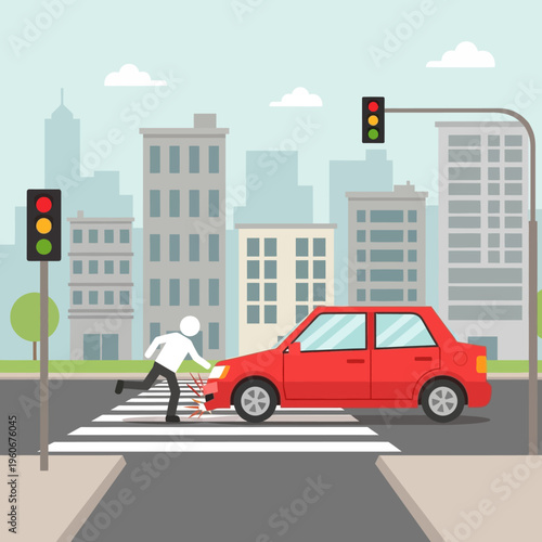 Car hitting pedestrian at crosswalk, traffic accident in city street