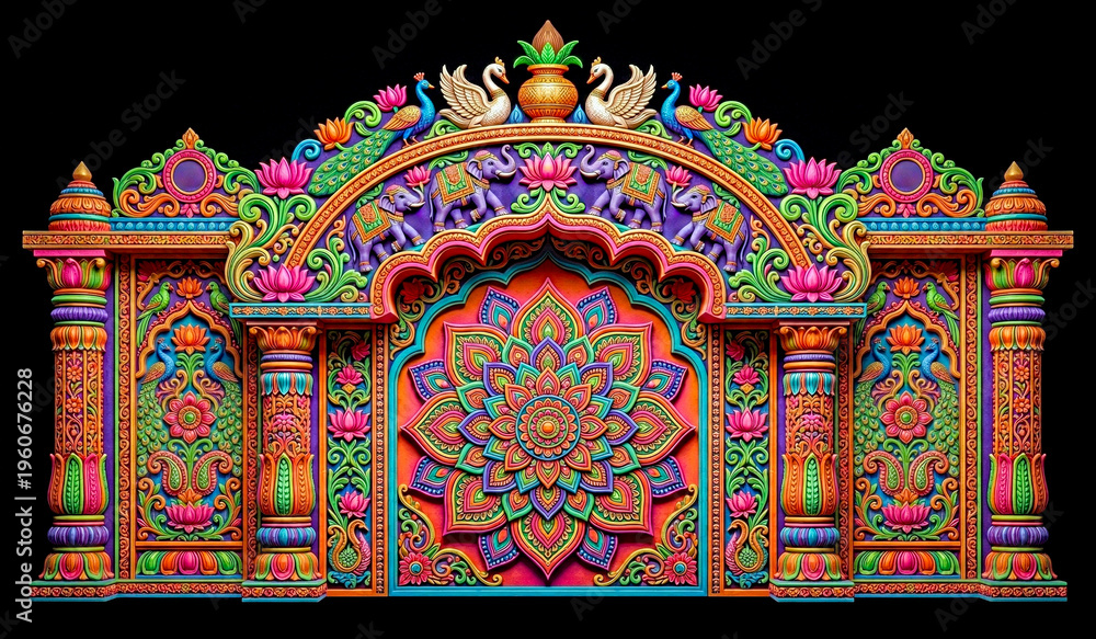 Fototapeta premium Colourful Indian Mandap Arch with Floral Mandala, Peacock & Elephant Ornament – Traditional Temple Decorative Frame Design