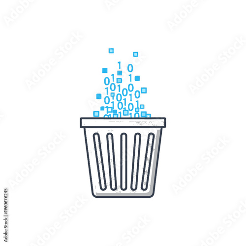 A graphic illustration of binary data and blue squares falling into a trash can, symbolizing data deletion or digital waste.
