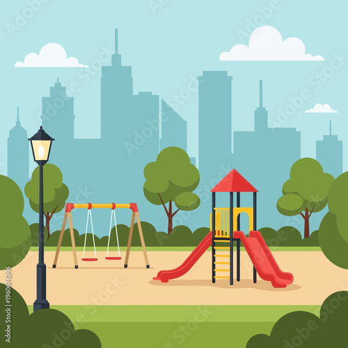 Children's playground with swings and slide in a city park with skyscrapers background