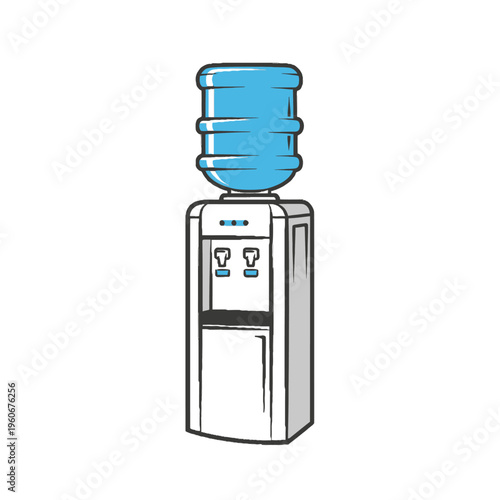 Cartoon illustration of a modern office water cooler with a large blue bottle on top, providing refreshing hydration.