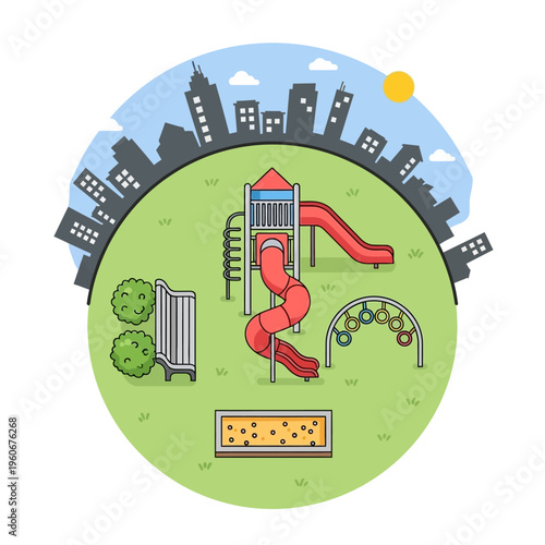 Children's playground with slides, swings, and sandbox in a city park with skyline background.