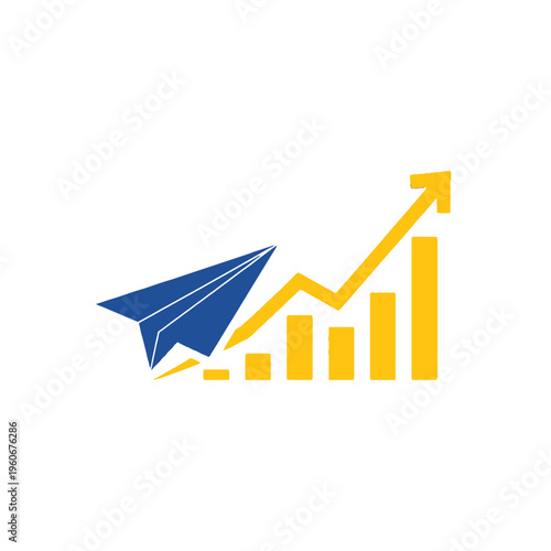 A blue paper airplane flying over a yellow bar chart with an upward trend, symbolizing business growth and progress.