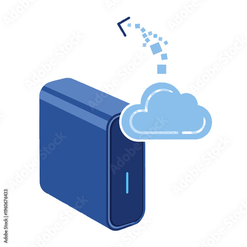 A blue external hard drive or server unit with a cloud icon and an arrow indicating data transfer or backup.