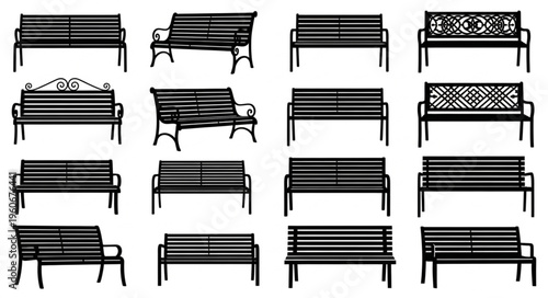 Collection of Park Bench Silhouettes - Diverse Designs for Urban Spaces.
