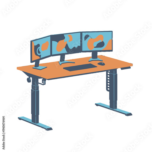 A modern standing desk setup with three computer monitors, keyboard, and mouse, featuring an orange desktop and blue legs.