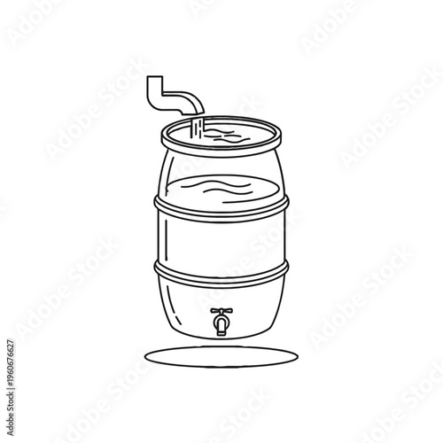 A line drawing of a rain barrel water collection system with a spigot for environmental conservation.