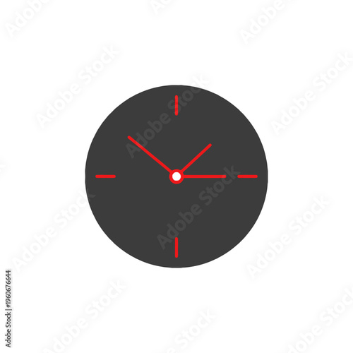 A minimalist dark grey clock face with red hands and markers on a white background.