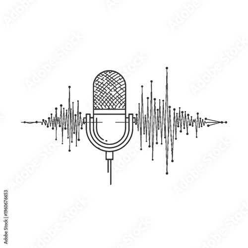 Line art illustration of a vintage microphone with an audio sound wave graphic.