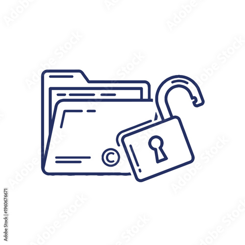 Line art illustration of an open folder with a copyright symbol and an unlocked padlock, representing open access or intellectual property.