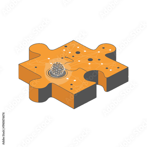 A 3D isometric illustration of an orange puzzle piece with a central spherical brain-like object and circuit patterns.