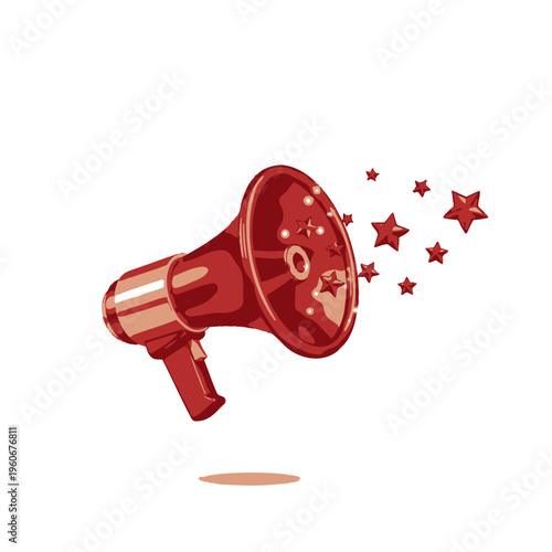 Stylized red megaphone broadcasting sound waves depicted as red stars, symbolizing a loud announcement or important message.