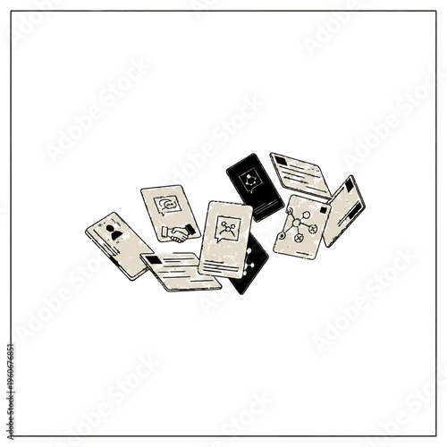 A collection of scattered cards with various business and social icons, representing concepts like networking, communication, and profiles.