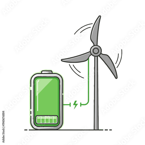 Wind turbine generating clean energy and charging a large battery for power storage.
