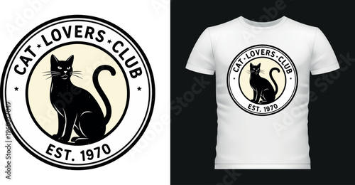 Black cat lovers club est 1970 vintage retro emblem logo.