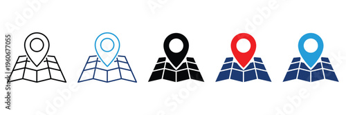 Map pin navigation icon set with flat line and solid style folding paper maps for location and travel tracking.