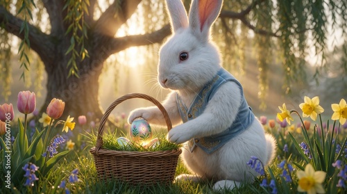 White rabbit in blue embroidered vest placing decorated Easter egg into wicker basket in spring meadow with tulips, daffodils, and sunlight. Festive seasonal scene of renewal and celebration