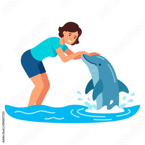 Woman playfully interacts with a dolphin in the ocean water.
