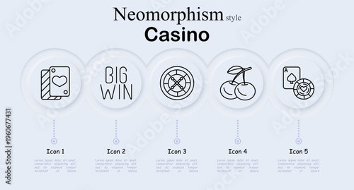 Casino set icon. Playing card deck with heart suit, big win lettering text, roulette wheel table, cherry fruit slot symbol, ace card with casino chip. Neomorphic circular buttons