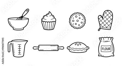 Hand-Drawn Baking Icon Set — Outline Illustrations of Mixing Bowl, Cupcake, Cookie, Oven Mitt, Measuring Cup, Rolling Pin, Pie, and Flour Bag