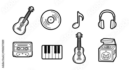 Hand-Drawn Retro Music Icon Set — Outline Illustrations of Guitar, Vinyl Record, Music Note, Headphones, Cassette, Piano Keys, Ukulele, and Speaker