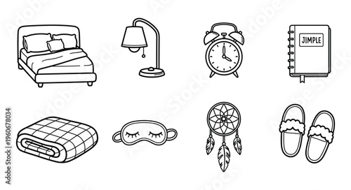 Hand-Drawn Sleep and Bedroom Icon Set — Outline Illustrations of Bed, Lamp, Alarm Clock, Planner, Blanket, Sleep Mask, Dream Catcher, and Slippers