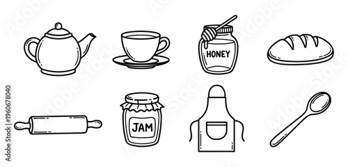 Hand-Drawn Kitchen Icon Set — Outline Illustrations of Teapot, Tea Cup, Honey, Bread, Rolling Pin, Jam Jar, Apron, and Spoon
