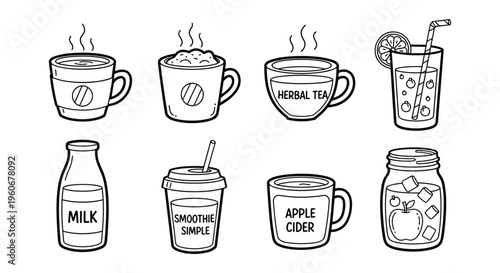 Hand-Drawn Drinks and Beverage Icon Set — Outline Illustrations of Coffee, Herbal Tea, Iced Drink, Milk, Smoothie, Apple Cider, and Mason Jar