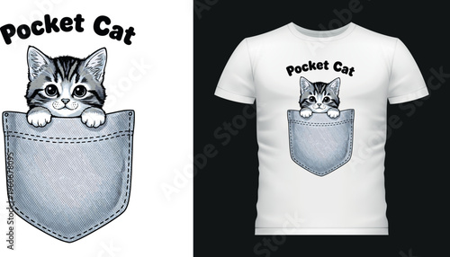 Pocket cat illustration, cute kitten peeking from denim pocket.