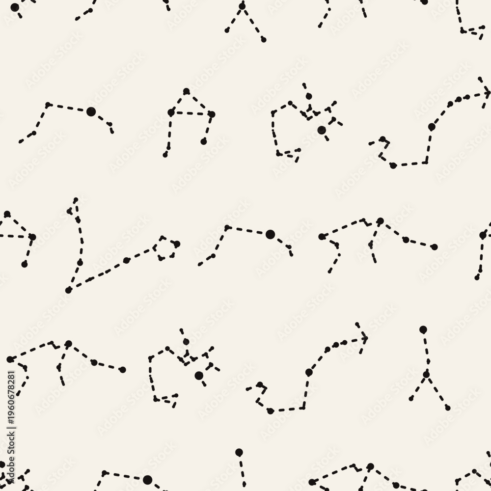 Naklejka premium Minimalist seamless pattern of various zodiac constellations, connecting stars with dotted lines
