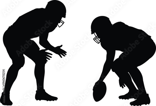 American football players silhouette vector, offensive snap stance with ball dynamic action sports illustration