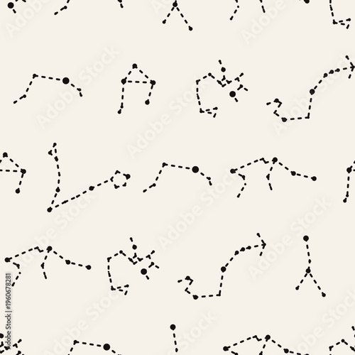 Minimalist seamless pattern of various zodiac constellations, connecting stars with dotted lines
