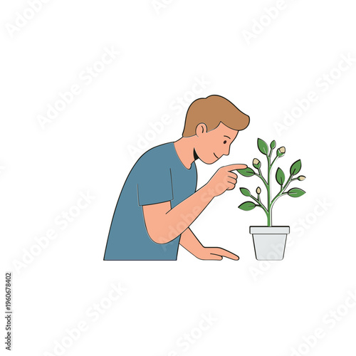 Man examines plant leaf closely in pot on table indoors