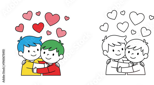 Cute Cartoon Kids Hugging with Hearts - Friendship and Love