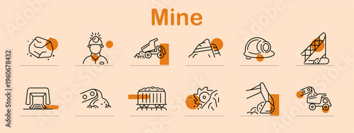 Mine set icon. Line symbols depict rock stone, miner headlamp, dump truck, mountain, safety helmet, mining structure, tunnel entrance, conveyor belt, rail cart, cutting saw, excavator