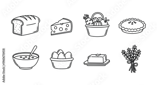 Hand-Drawn Food and Bakery Icon Set — Outline Illustrations of Bread, Cheese, Basket, Pie, Soup, Eggs, Butter, and Herbs on White Background