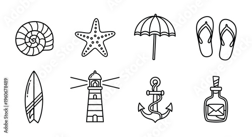 Hand-Drawn Beach and Nautical Icon Set — Outline Illustrations of Shell, Starfish, Umbrella, Flip Flops, Surfboard, Lighthouse, Anchor, and Bottle