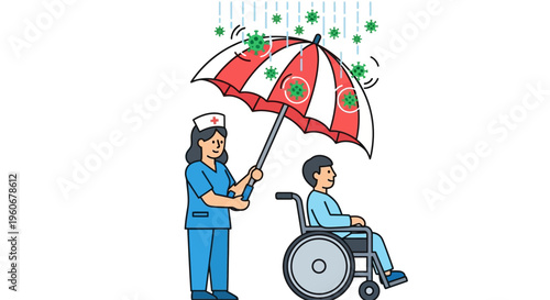Healthcare Support with Umbrella Protection for Disabled Patient Concept