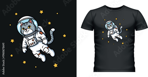 Astronaut cat floating in space with stars cartoon vector illustration.
