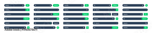 Various search bar templates. Internet browser engine with search box, address bar and text field. UI design, website interface element with web icons and push button. Vector illustration