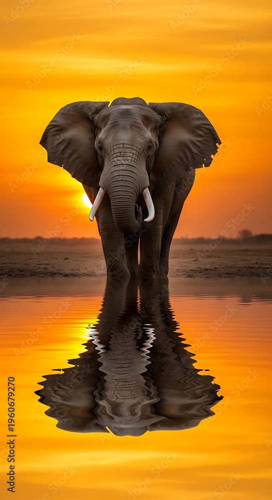 Fototapeta premium Majestic African Elephant Standing in Golden Sunset Reflection on Water.