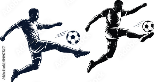 Soccer player silhouette vector illustration, football athletes kicking ball dynamic action sports design set