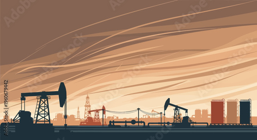 Industrial oil pumps and refinery at sunset